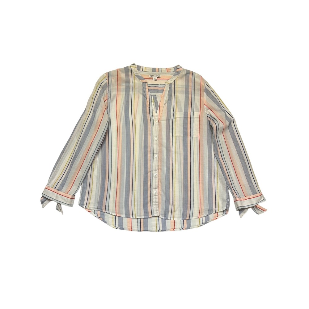 J.Crew Mercantile Pastel Striped Cotton Tie Cuff Button Front Blouse Size L
